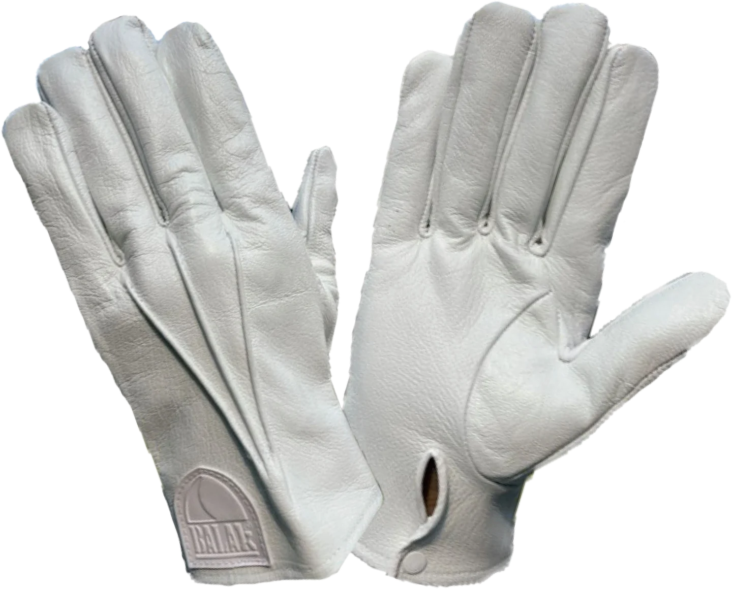Par de guantes de escolta blancos de piel de cabra, vistos por el dorso y por la palma